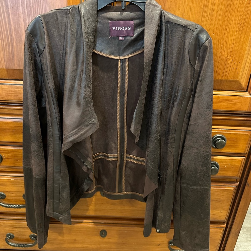 Vigoss Brown Leather Jacket with Waterfall Front